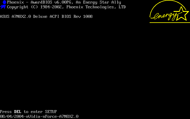 Asus A7N8X Deluxe Boot-Vorgang mit P.O.S.T. und systemkonfigurationstabelle. Animation von: Borg Number One